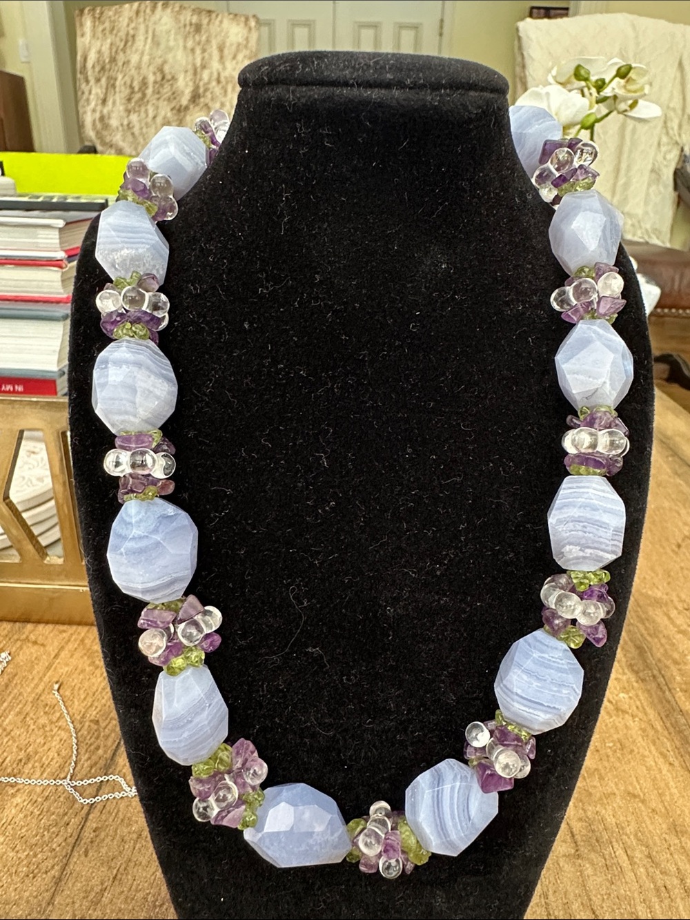 Blue Lace Agate Bead Necklace with Amethyst and Peridot Accents